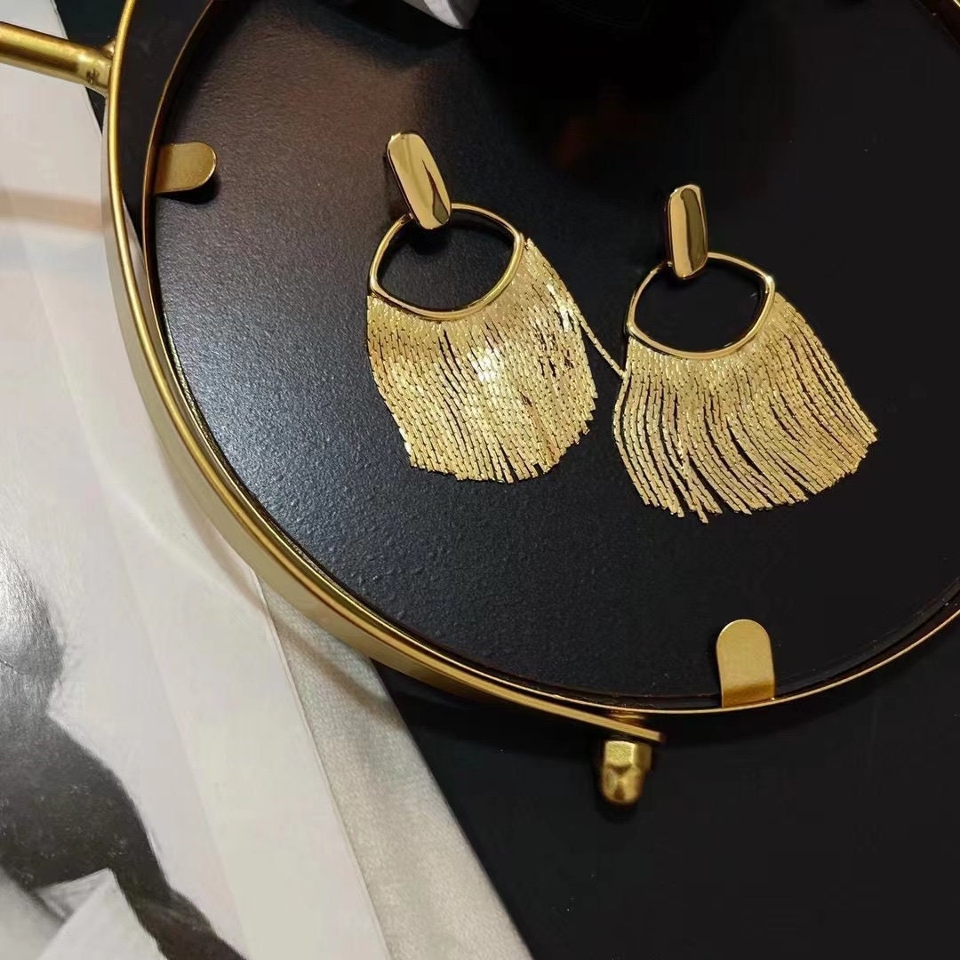 4pcs Gold Oval Hoop Tassel Ear Posts 52mm, 18K Gold plated Brass Dangling Stud Earring (GB-3351)